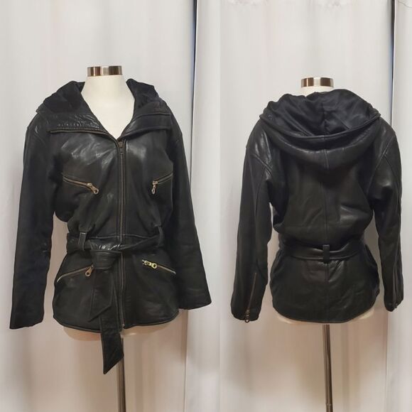 Vintage 90s y2k Andrew Marc Moto Jacket Black Leather Hooded Belted Woman's Sm